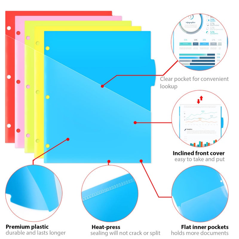 WOT I Plastic 5-tab Dividers with 2 Clear Pockets - 3 Sets, 15 Tabs Binder Dividers for 3 Ring Binder, 5 Fresh Colors - Image 4